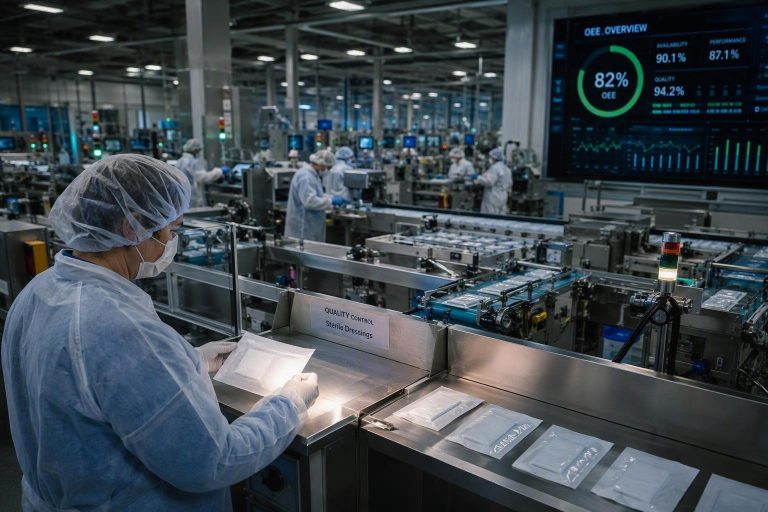Medical manufacturing facility running at full capacity with OEE dashboards and production lines for wound care dressings