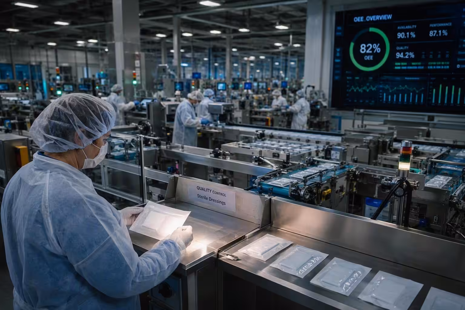 Medical manufacturing facility running at full capacity with OEE dashboards and production lines for wound care dressings
