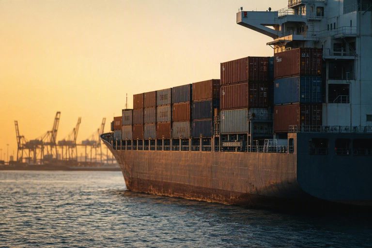 Global medical supply chain logistics - cargo ship at golden hour with port cranes