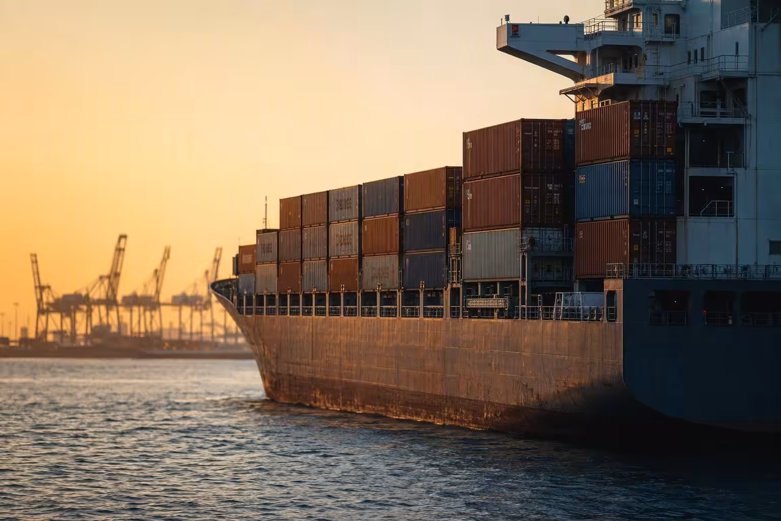 Global medical supply chain logistics - cargo ship at golden hour with port cranes