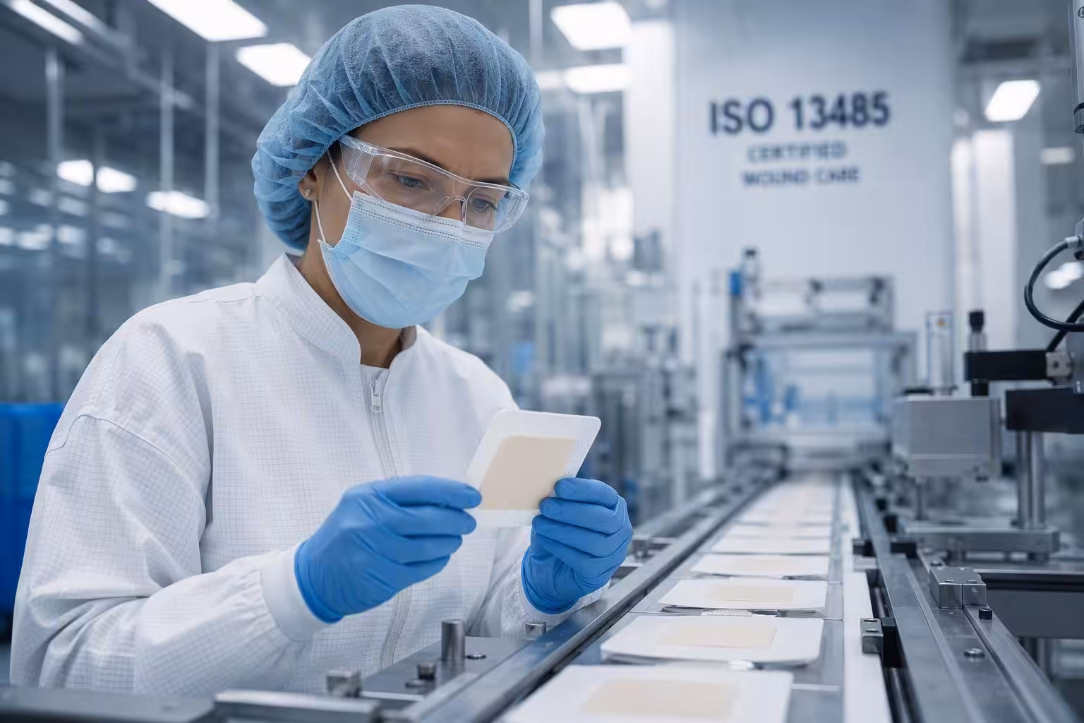 ISO 13485 certified wound dressing manufacturing facility with cleanroom and quality inspection station