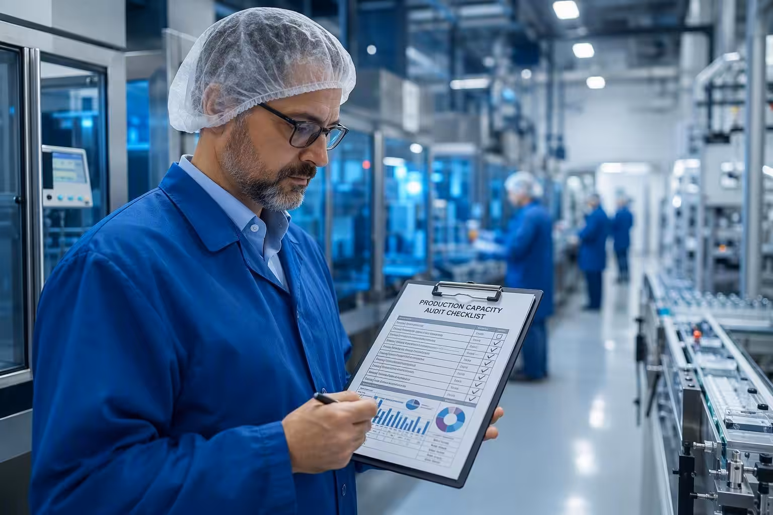 A procurement manager reviewing a production capacity audit checklist in a modern medical manufacturing facility with automated production lines visible in the background