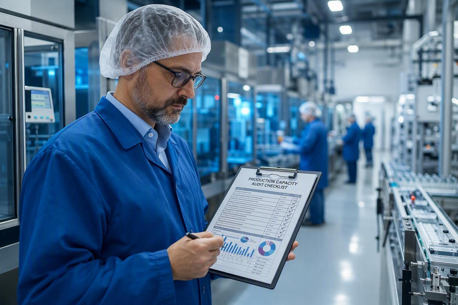 A procurement manager reviewing a production capacity audit checklist in a modern medical manufacturing facility with automated production lines visible in the background