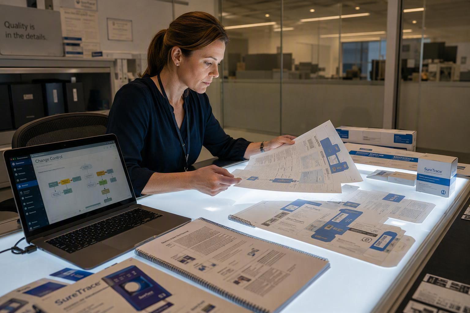 Medical device quality manager reviewing packaging artwork die-line proofs and multilingual IFU documents in a regulatory affairs office