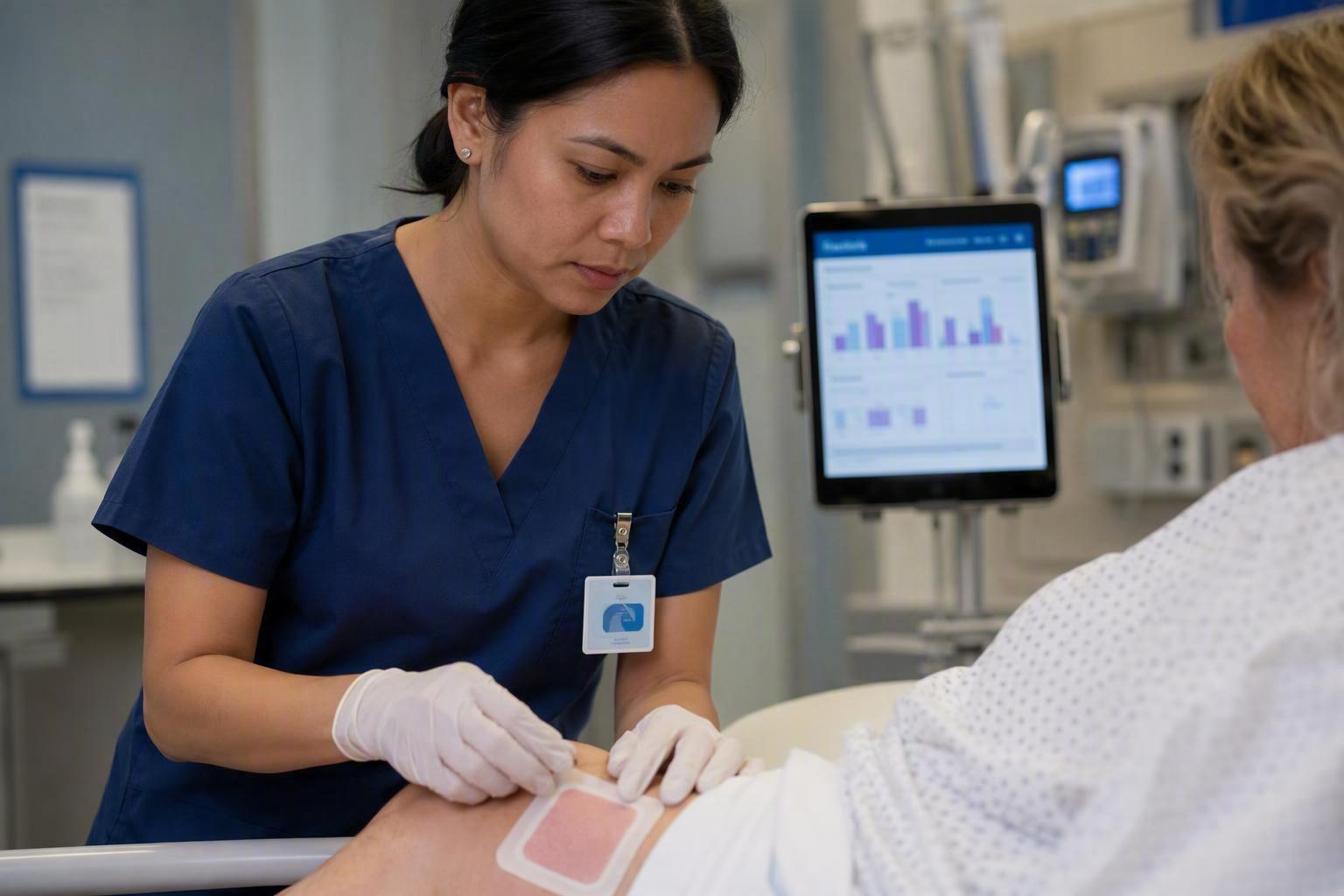 Clinical wound care professional evaluating silicone foam dressing quality in hospital setting