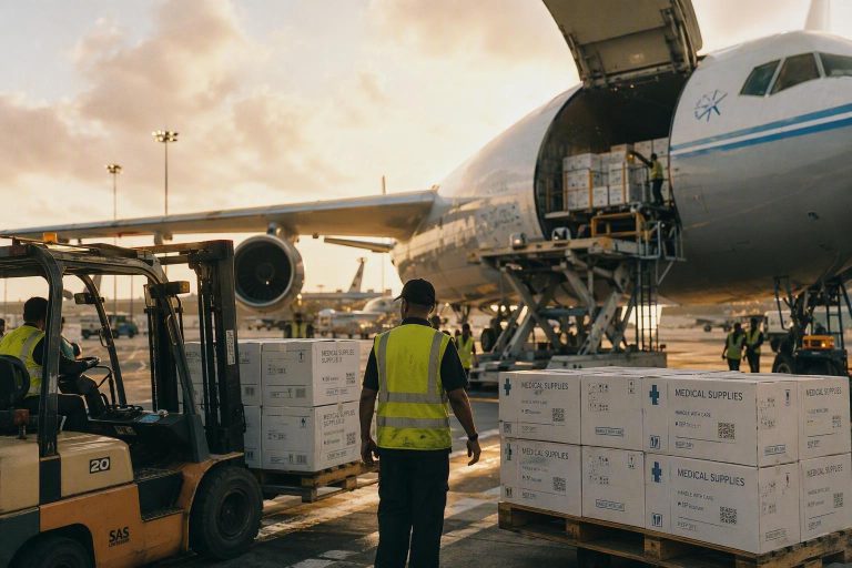 Cargo aircraft unloading medical supply boxes at international airport, global healthcare supply chain delivery