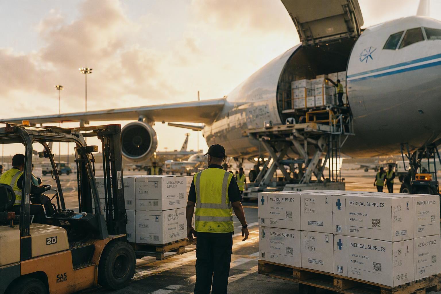 Cargo aircraft unloading medical supply boxes at international airport, global healthcare supply chain delivery