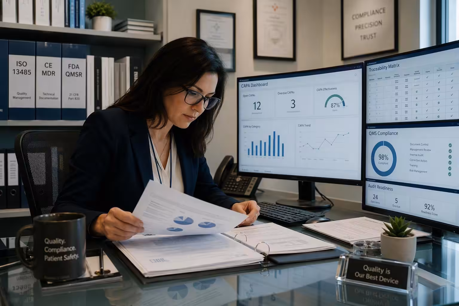 Medical device quality manager reviewing QMS audit documentation in a regulatory compliance facility