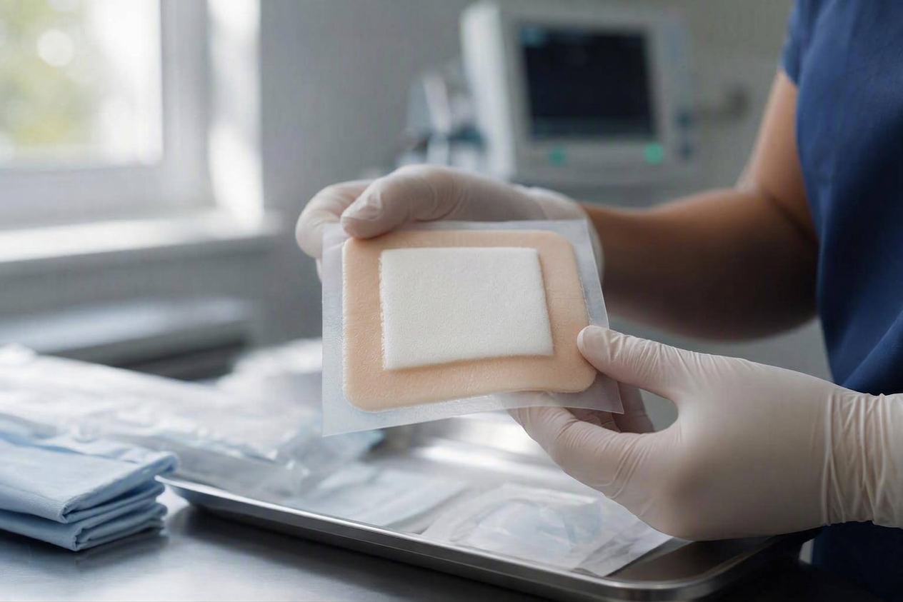Wound care nurse examining a multilayer silicone foam dressing with visible layered edge cross-section over a sterile tray — 5-layer silicone foam dressing for high exudate management