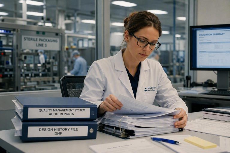 QA engineer reviewing medical device compliance documentation in a regulated manufacturing environment