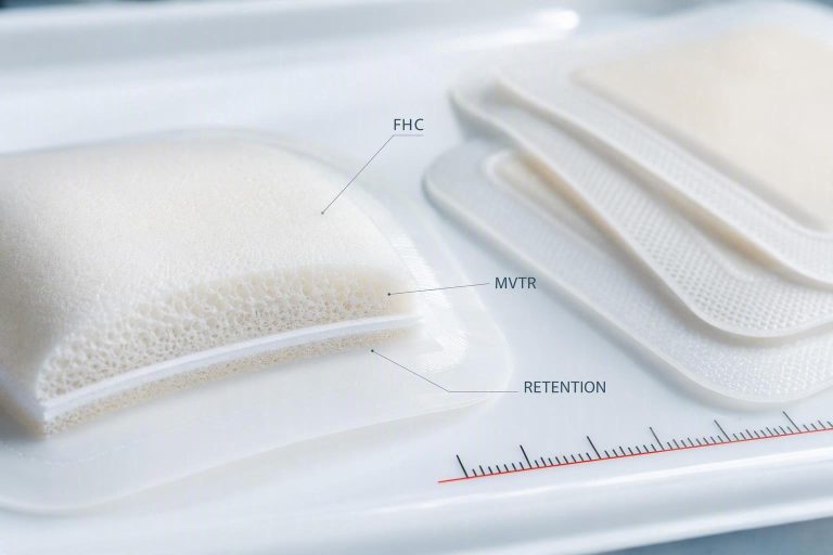 Clinical photograph of silicone foam dressings with FHC, MVTR, and retention metric labels annotated over the dressing surface