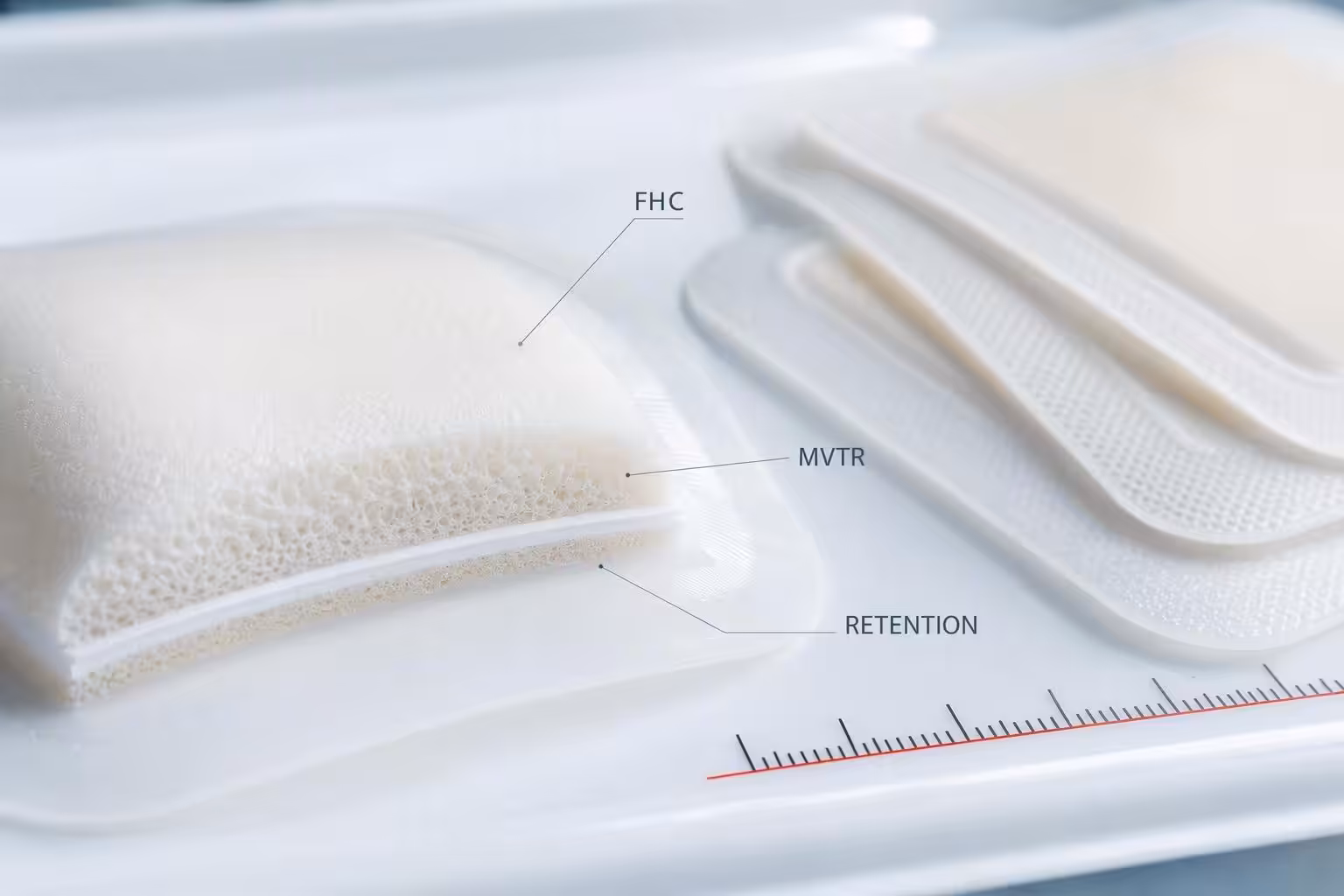 Clinical photograph of silicone foam dressings with FHC, MVTR, and retention metric labels annotated over the dressing surface