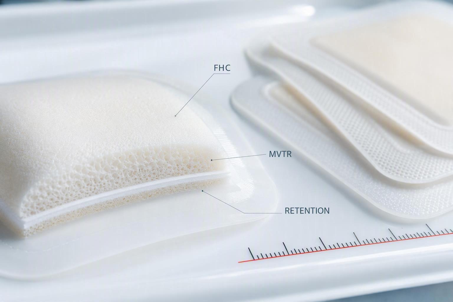 Clinical photograph of silicone foam dressings with FHC, MVTR, and retention metric labels annotated over the dressing surface
