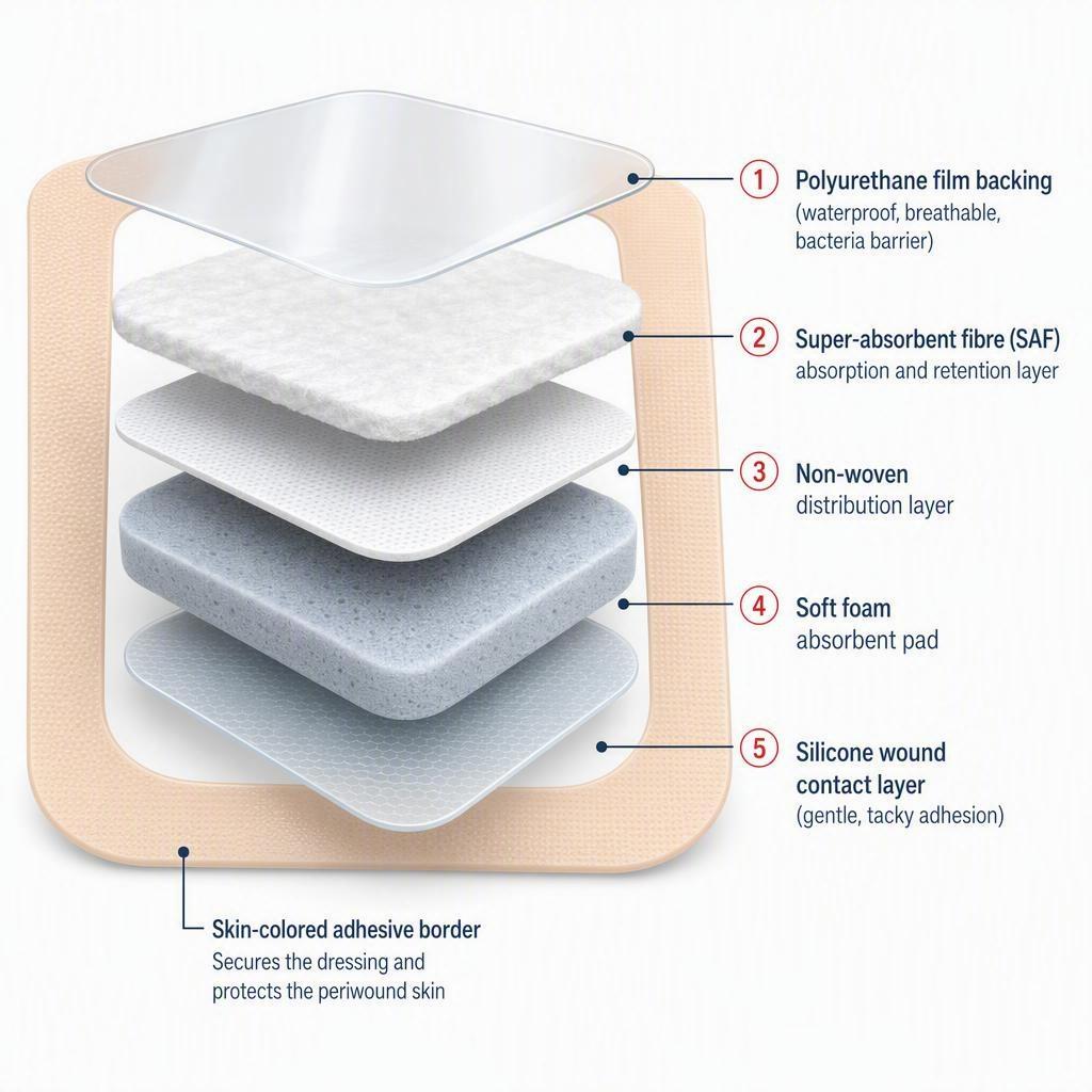 Layered cross-section diagram of a bordered silicone foam dressing showing its five-layer structure: polyurethane film backing, SAF absorption and retention layer, non-woven distribution layer, foam absorbent layer, and silicone wound contact layer, with skin-colored adhesive border