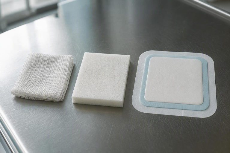 A multi-layer bordered silicone foam dressing, a plain polyurethane foam sheet and folded gauze arranged side by side for clinical comparison