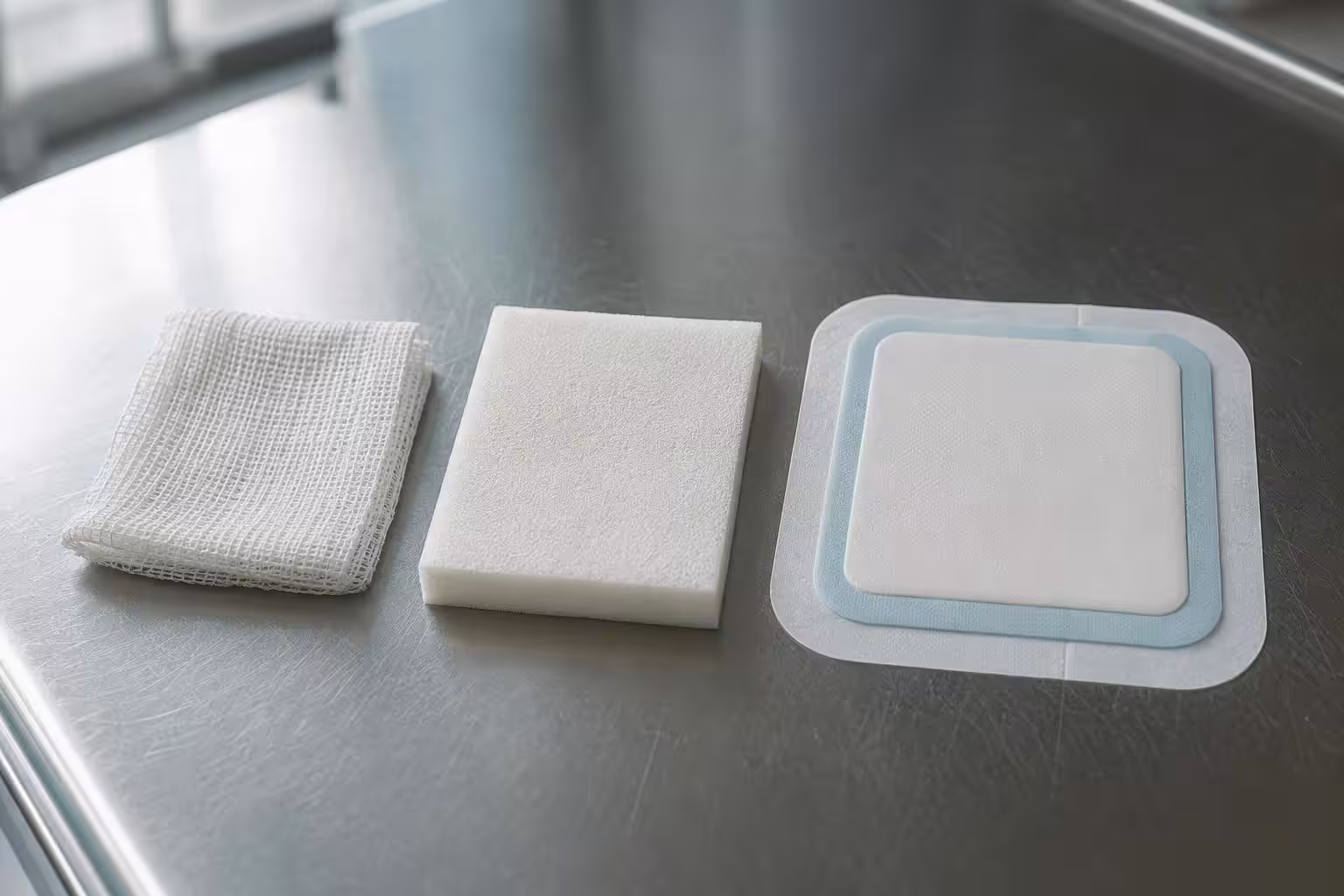 A multi-layer bordered silicone foam dressing, a plain polyurethane foam sheet and folded gauze arranged side by side for clinical comparison