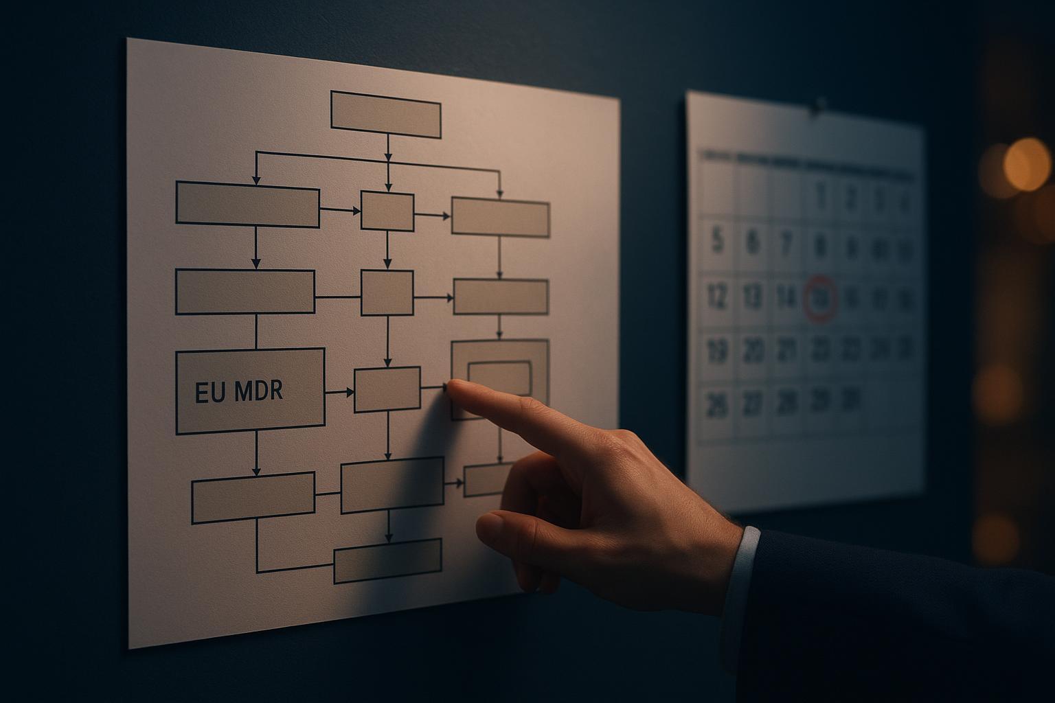 A timeline and flowchart mapping FDA QMSR 2026, ISO 13485, EU MDR Rule 4, UDI/EUDAMED dates