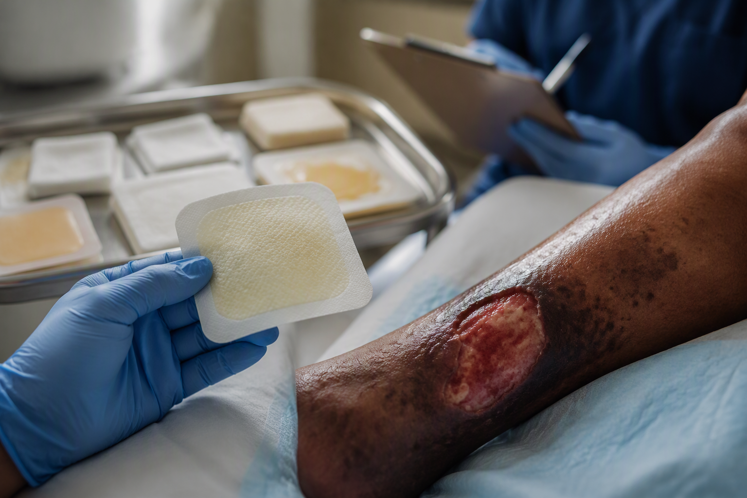 A decision-tree comparing alginate, gelling fiber, and silicone foam by exudate level, depth, infection suspicion, and skin fragility
