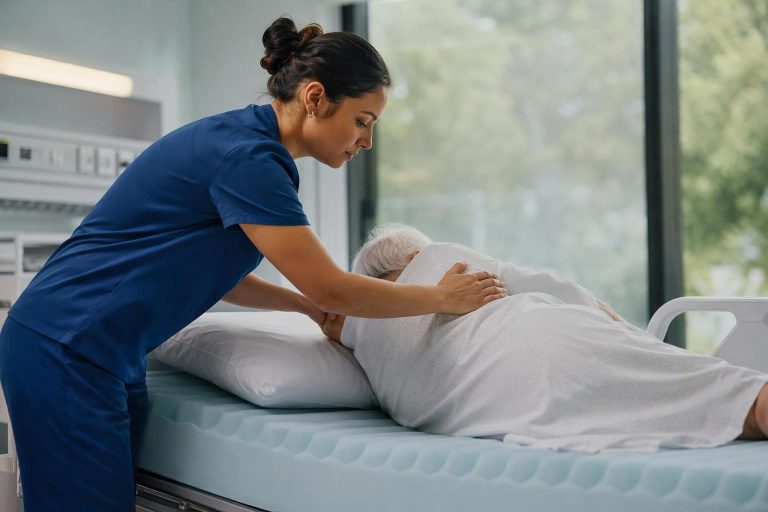 Nurse repositioning a patient on a high-specification foam support surface as part of a pressure injury prevention protocol