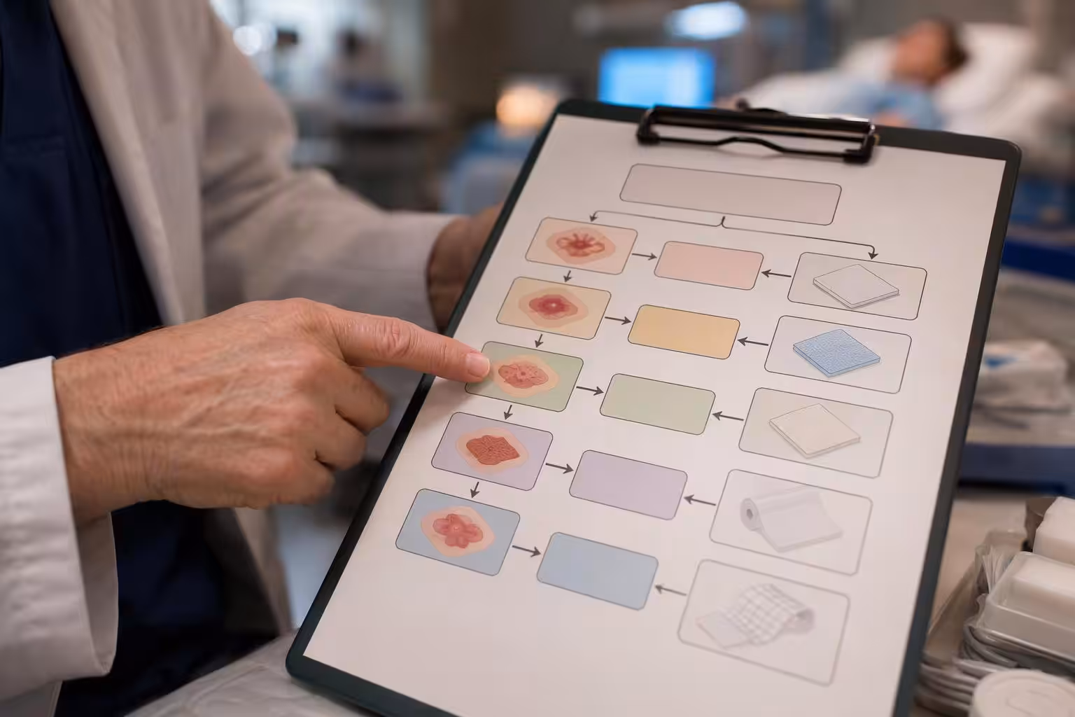 A flowchart mapping stage and exudate to primary dressing types
