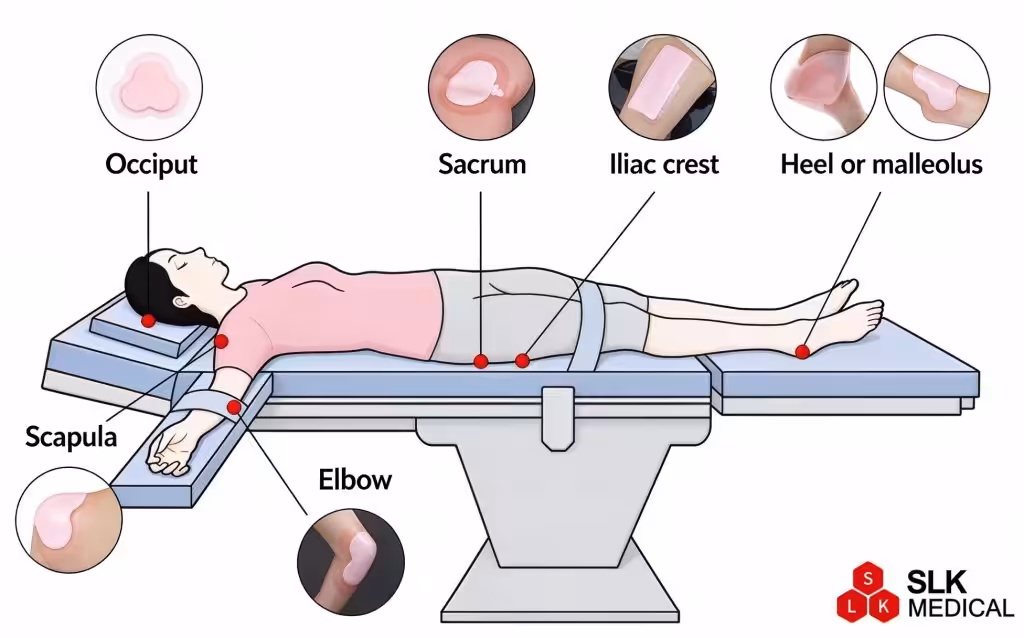 This is a position diagram of foam dressings, illustrating the sites requiring pressure injury prevention.