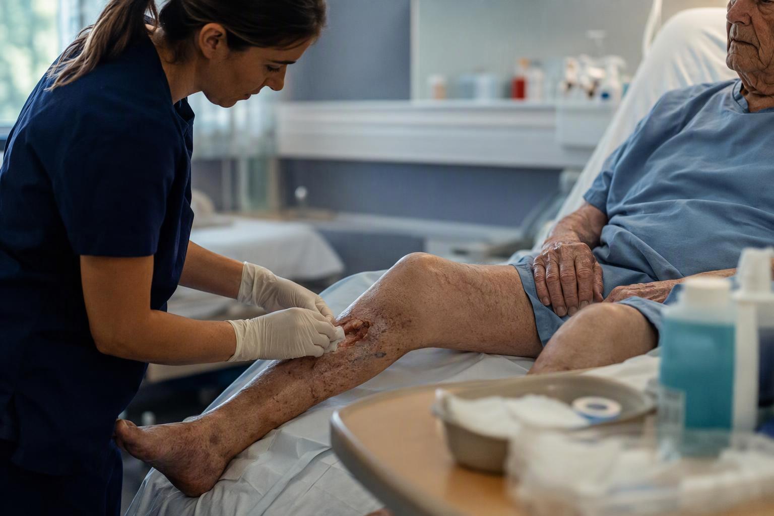 Clinician assessing a chronic wound and selecting a dressing by exudate level to address delayed wound healing