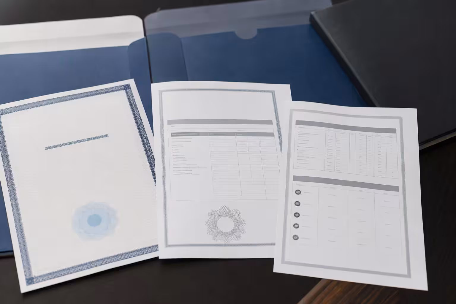 a documentation pack laid out on a desk: a certificate page, a declaration of conformity with its applied-standards annex