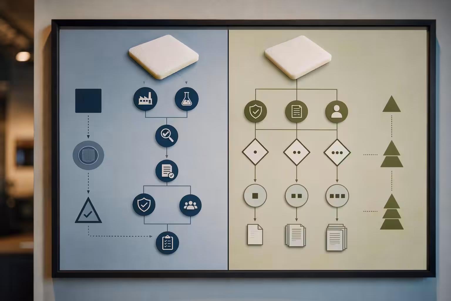 a two-column decision diagram mapping a PHMB foam dressing to the FDA product code FRO / 510(k) route on one side and to the