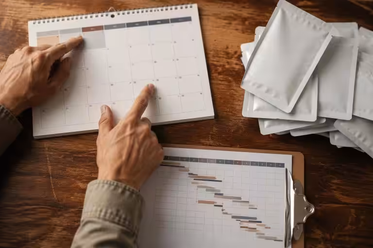 Supply planner's desk with a lead-time matrix spreadsheet, MOQ tier table and safety-stock worksheet for a private label PHMB dressing launch