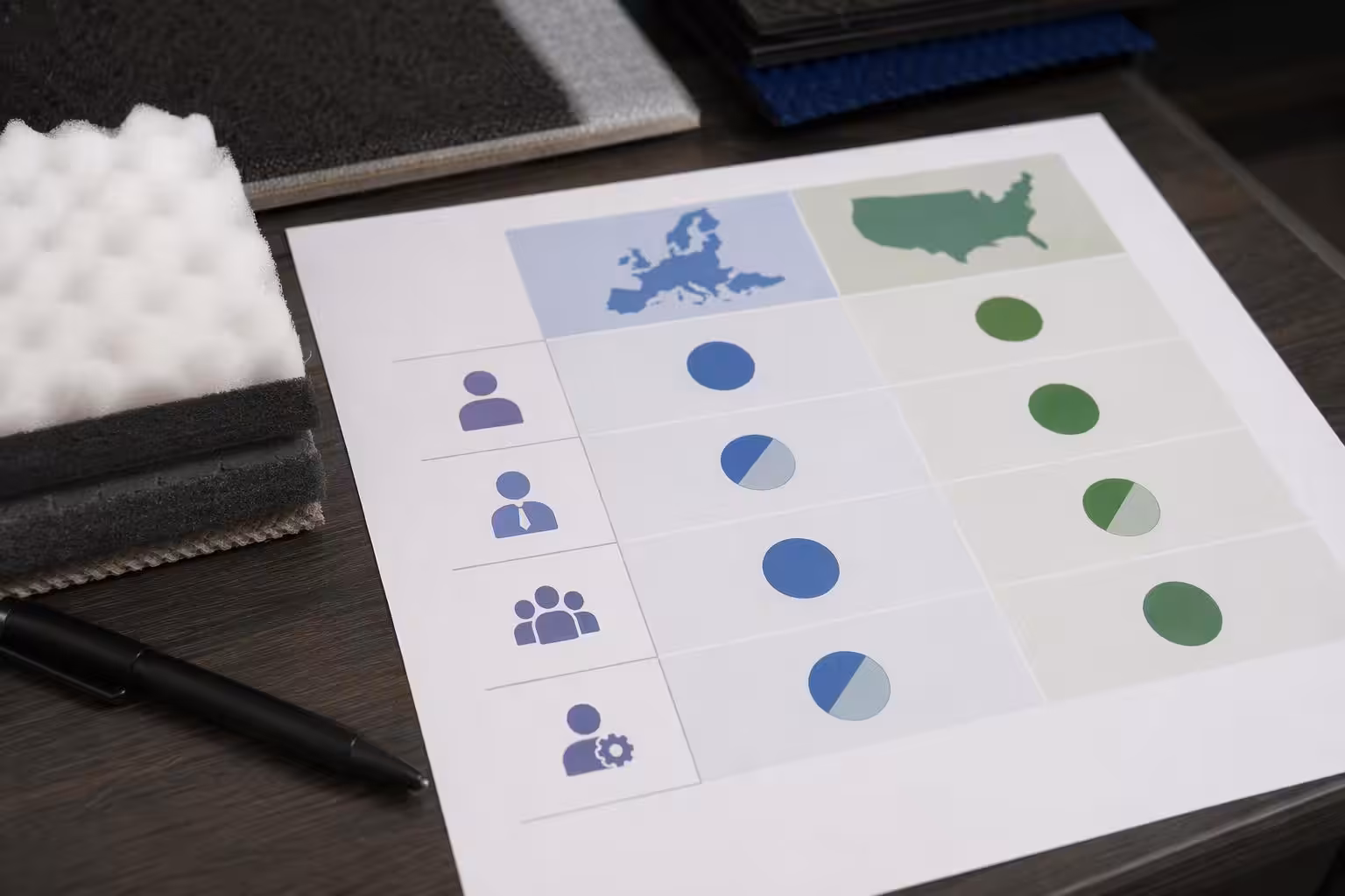 a document-to-owner-to-market matrix showing the four roles across the EU and US columns
